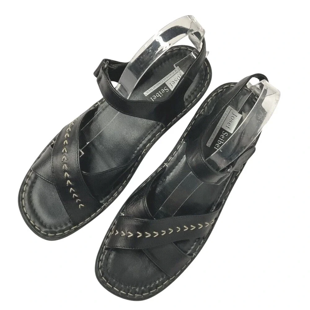 Josef Seibel Womens Leather Sandals Comfort Cross‎ Strap Black Shoes Size 10